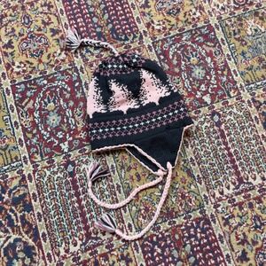 VTG 70s Hand Knit Wool Striped Hat Fair Isle Pink Black Trees Ear Flap Tassle